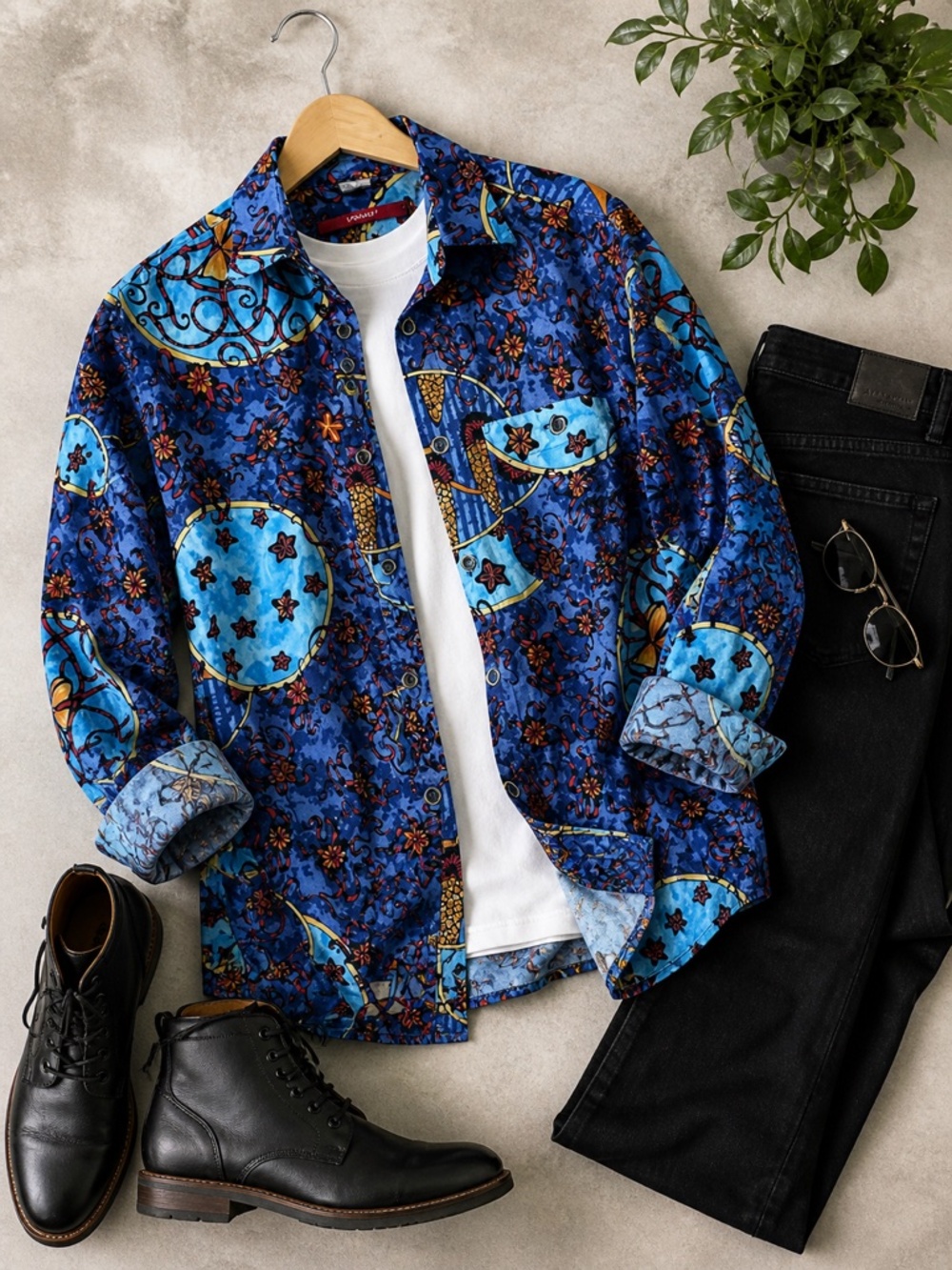 Signum Blue Abstract Floral Button Up Shirt Men’s M Bold Pattern European Style